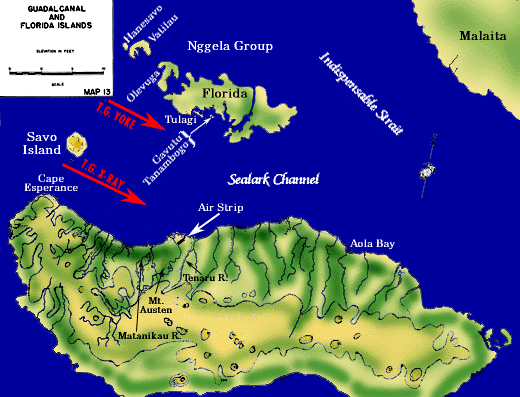 A Tulagin és Guadalcanalon partra szálló szövetséges erők útvonalai 1942. augusztus 7-én.