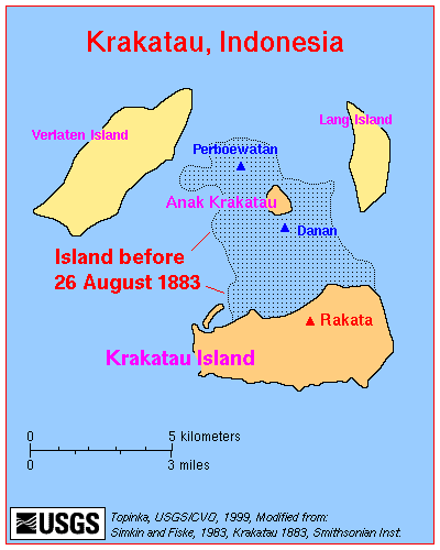 Krakatau térképe, miután az 1883-as kitörés átrajzolta