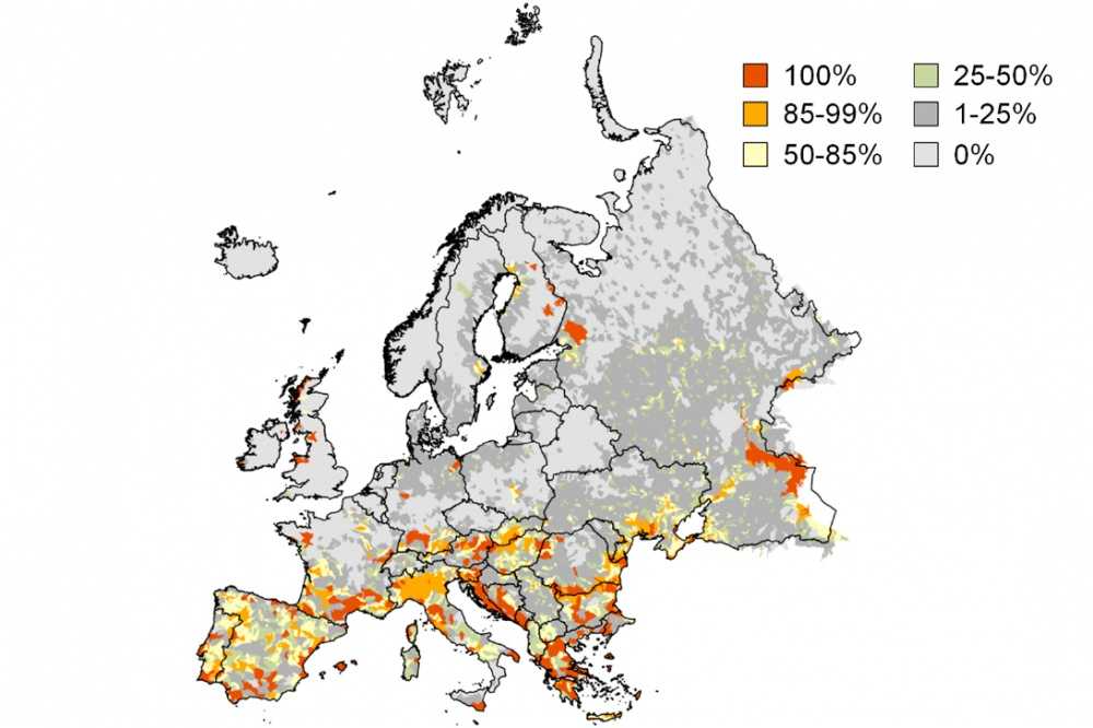 1. ábra. Európai vízgyűjtők természetvédelmi prioritása az édesvízi biodiverzitás megőrzése szempontjából. A százalékos értékek azt mutatják, hogy az elemzés 1000 futtatása során az adott vízgyűjtő az esetek hány százalékában adódott prioritás-területnek. Forrás: Carrizo et al. 2017